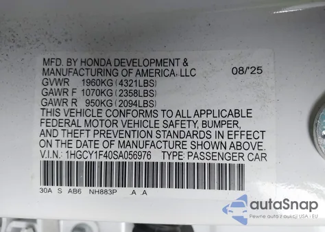 2025 Honda Accord Se из США, поврежденный, VIN 1HGCY1F40SA056976